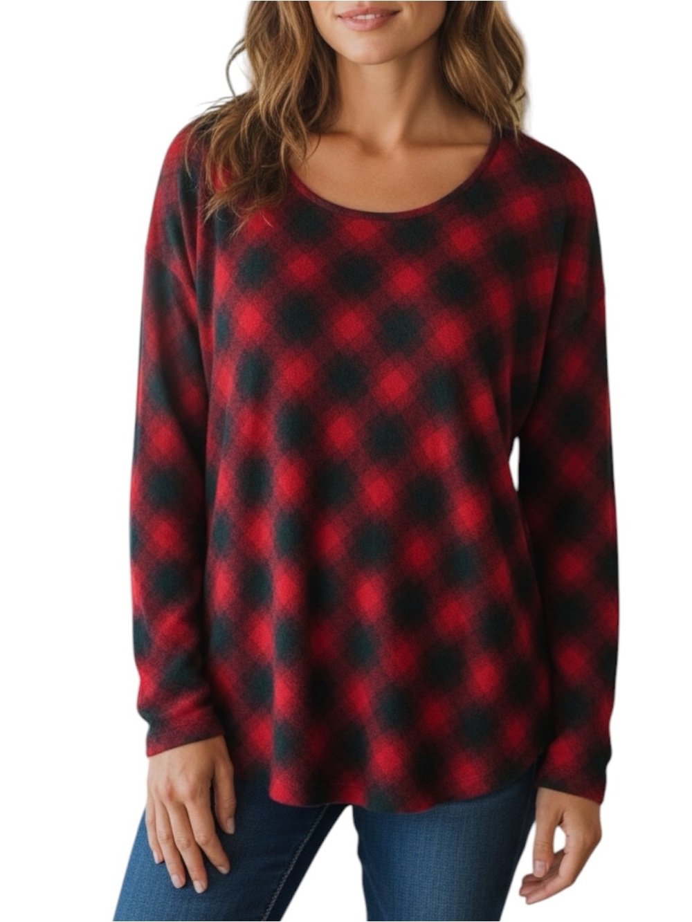J. Jill Sz MEDIUM Simply Supina Red Black Buffalo Plaid Tunic Top Holidays